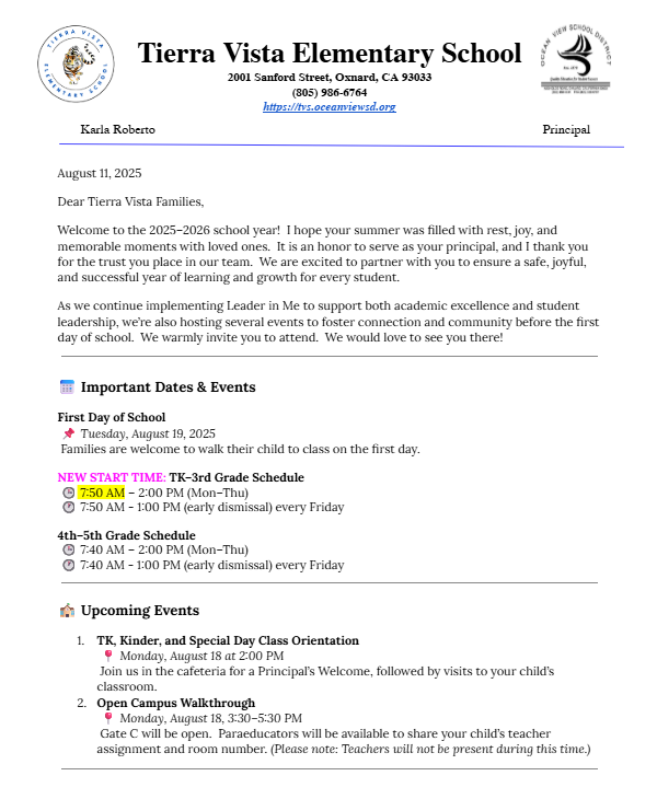 Principals letter page 1